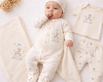 Neutralny zestaw prezentowy dla noworodka, seria Let's Go, luksusowy prezent na baby shower, miękki beżowy ubranko dla noworodka, prezent powitalny dla dziecka