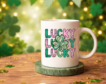 St Patricks Day Mug Lucky Shamrock Coffee Cup Irish Gift Green Clover Mug