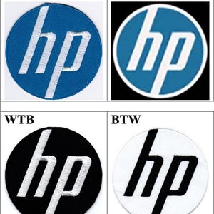 May include: Four circular embroidered patches featuring the "hp" logo in various color combinations. The patches include blue with white, black with white, white with black, and a blue and white design on a black background.