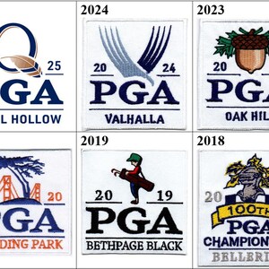 May include: A collection of embroidered PGA Championship patches, each featuring the PGA logo and the name of the course and year. Designs include Aronomink, Quail Hollow, Valhalla, Oak Hill, Southern Hills, Ocean Course, Harding Park, Bethpage Black, and Bellerive.