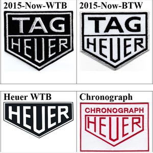 Può includere: Collezione di patch TAG Heuer con vari design. Le patch presentano il logo TAG Heuer in diverse combinazioni di colori, tra cui nero, bianco, rosso e verde. Alcune patch includono anche la parola "Chronograph".