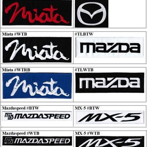May include: A collection of embroidered patches featuring various Mazda logos and model names. The patches include the Miata logo in red, white, and blue, the Mazda emblem, and the Mazdaspeed and MX-5 logos. The patches are rectangular with black or white backgrounds.