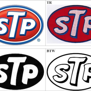May include: Four variations of the STP logo. The first is a red oval with a blue border and white text. The second is a red oval with white and blue embroidered text. The third is a black oval with white text. The fourth is a white text with a black border.