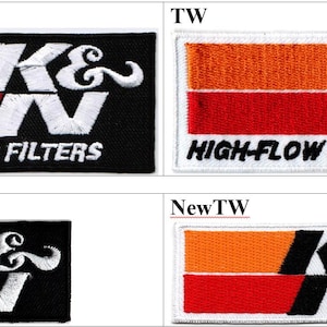 May include: Rectangular embroidered patch featuring the "K&N" logo with orange and red stripes, and the text "HIGH-FLOW AIR FILTERS" in white. The patch is available in black and white backgrounds.