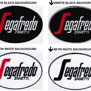 Könnte beinhalten: Vier ovale gestickte Aufnäher mit dem Segafredo Zanetti Logo. Zwei Aufnäher haben einen schwarzen Hintergrund mit weißem und rotem Text, während zwei einen weißen Hintergrund mit schwarzem und rotem Text haben. Jeder Aufnäher zeigt Segafredo Zanetti.