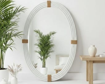 Oval Nautical Rope Mirror | Coastal Wall Mirror Decor | Rustic Rope Frame Mirror | Beach House Bathroom Mirror | Boho Nautical Home Decor
