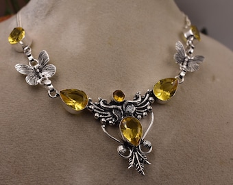 Yellow Citrine Gemstone 925 Sterling Silver Floral Designer Necklace For Anniversary Gift
