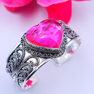 Roze robijnrode edelsteenarmband 925 sterlingzilveren handgemaakte armband, hartvorm, feestkleding