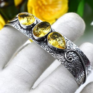 Citrine Cuff Bracelet 925 Sterling Silver, Handmade Yellow Gemstone Bangle