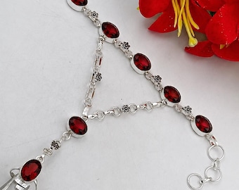 Elegant Red Garnet Hand Chain Bracelet Ring Set Sterling Silver Slave Bracelet Statement Jewelry