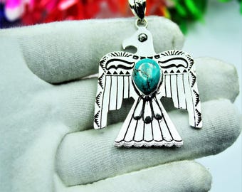 Natural Blue Turquoise Thunder Bird Pendant Handmade 925 Sterling Silver Pendant Jewelry