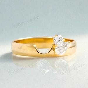 Round Pear Moissanite Cigar Wedding Band: 14K Yellow Gold U Shape Wide Engagement Curved Notched Matching Bridal Stacking Ring for Women