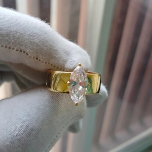 Marquise Cut Moissanite Cigar Wide Band: 14K Yellow Gold Wedding Thick Engagement Stacking Rounded Minimalist Diamond Solitaire Ring