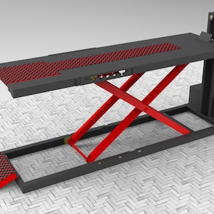 May include: A black and red automotive lift. The lift has a rectangular platform with a red, textured surface. The lift's scissor mechanism is red, and the base is black. A ramp is visible on the left side.