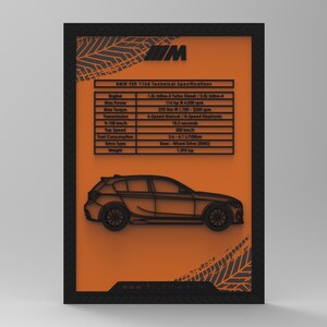 May include: A rectangular wall art piece featuring an orange background with a black frame. It displays a black silhouette of a BMW 1 Series car, the M logo, tire tread patterns, and a technical specifications table for the BMW F20 114d model.