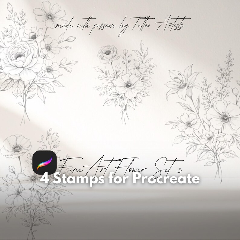 Fineart Flower Bouquet Set Procreate Stamp Flower Brush Set Tattoos and ...
