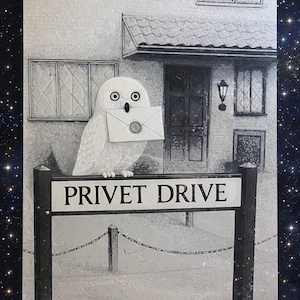 Puede incluir: Ilustración en blanco y negro de un búho nival sosteniendo una carta, posado en un letrero que dice "PRIVET DRIVE". El búho está frente a una casa con ventanas y una puerta. El fondo presenta un cielo estrellado.