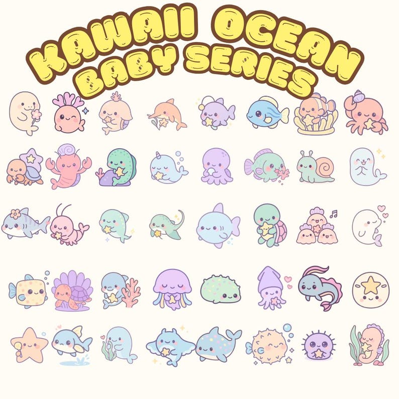 Kawaii Sea Baby Clipart PNG | Cute Ocean Animals | Pastel Chibi Clip ...