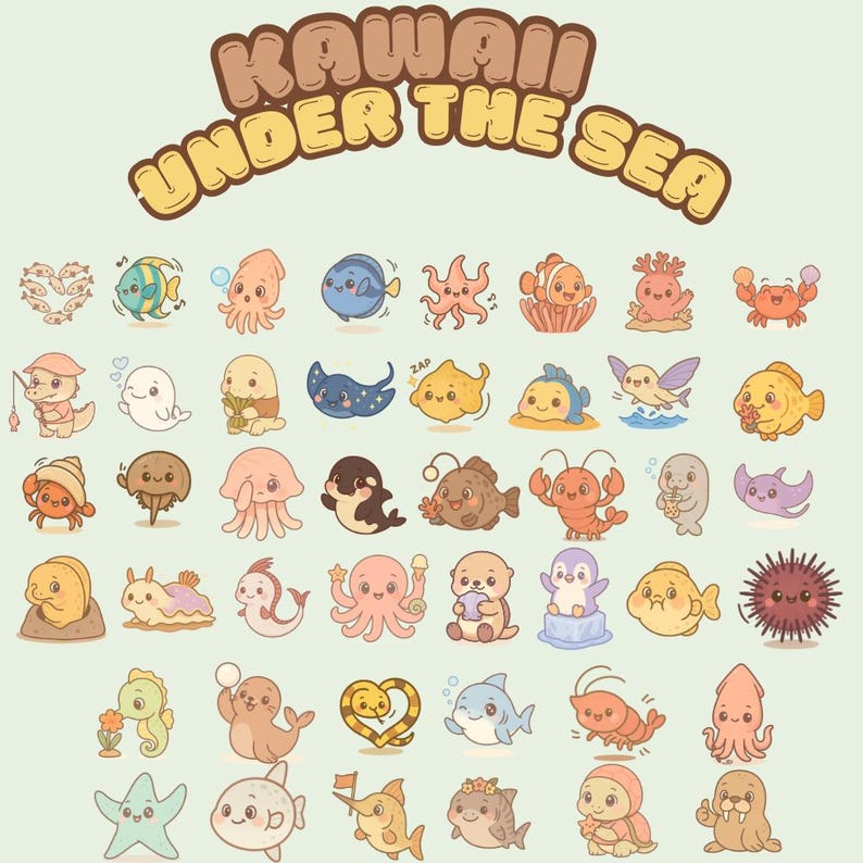 Kawaii Sea Animal Clipart | Pastel Chibi 30 PNG (part 2 of 2) - Etsy