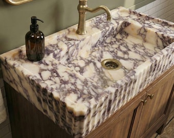 Luxury Calacatta Viola Marble Sink – Wall Mounted Hand Carved Natural Stone Basin
