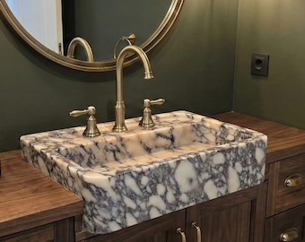 Calacatta Viola Marble Hand Carved Wall Mounted Sink – Italian Natural Stone Vanity Basin