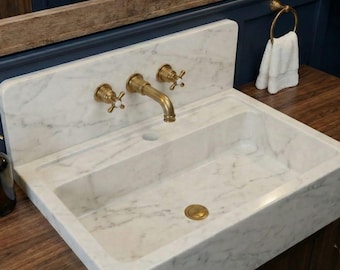 Carrara White Marble Sink with Backsplash – Hand Carved Bathroom Vanity Wash Basin