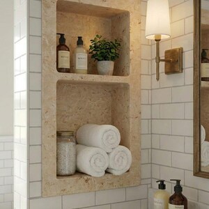 May include: A built-in bathroom shelf with two levels, holding toiletries, a small potted plant, and rolled white towels. The shelf is made of a light beige stone and is set against white subway tile.
