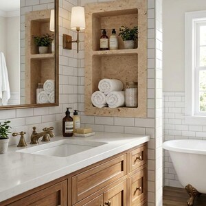 May include: Bathroom interior with a wooden vanity, white countertop, and a built-in shelf. The shelf holds rolled white towels, plants, and toiletries. A mirror and a bathtub are also visible, creating a clean and modern aesthetic.