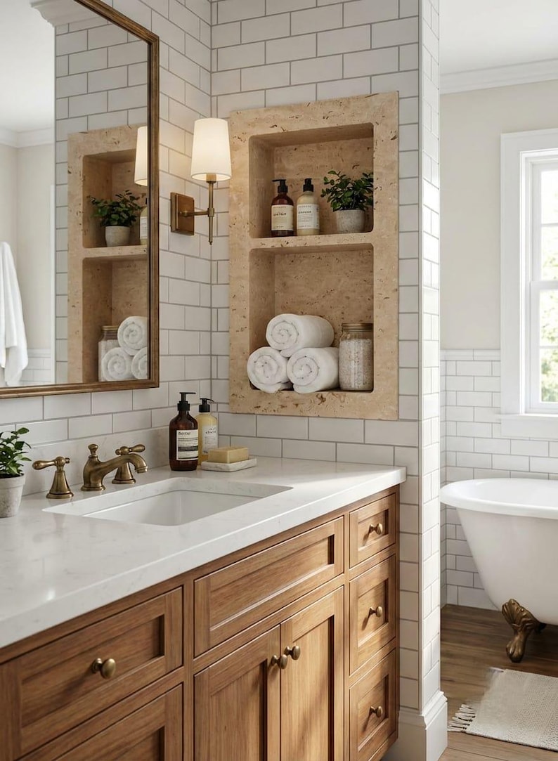 May include: Bathroom interior with a wooden vanity, white countertop, and a built-in shelf. The shelf holds rolled white towels, plants, and toiletries. A mirror and a bathtub are also visible, creating a clean and modern aesthetic.