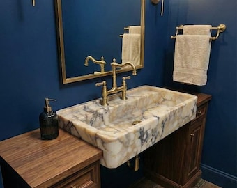 Hand Carved Calacatta Gold Marble Sink – Wall Mounted Luxury Bathroom Vanity Basin