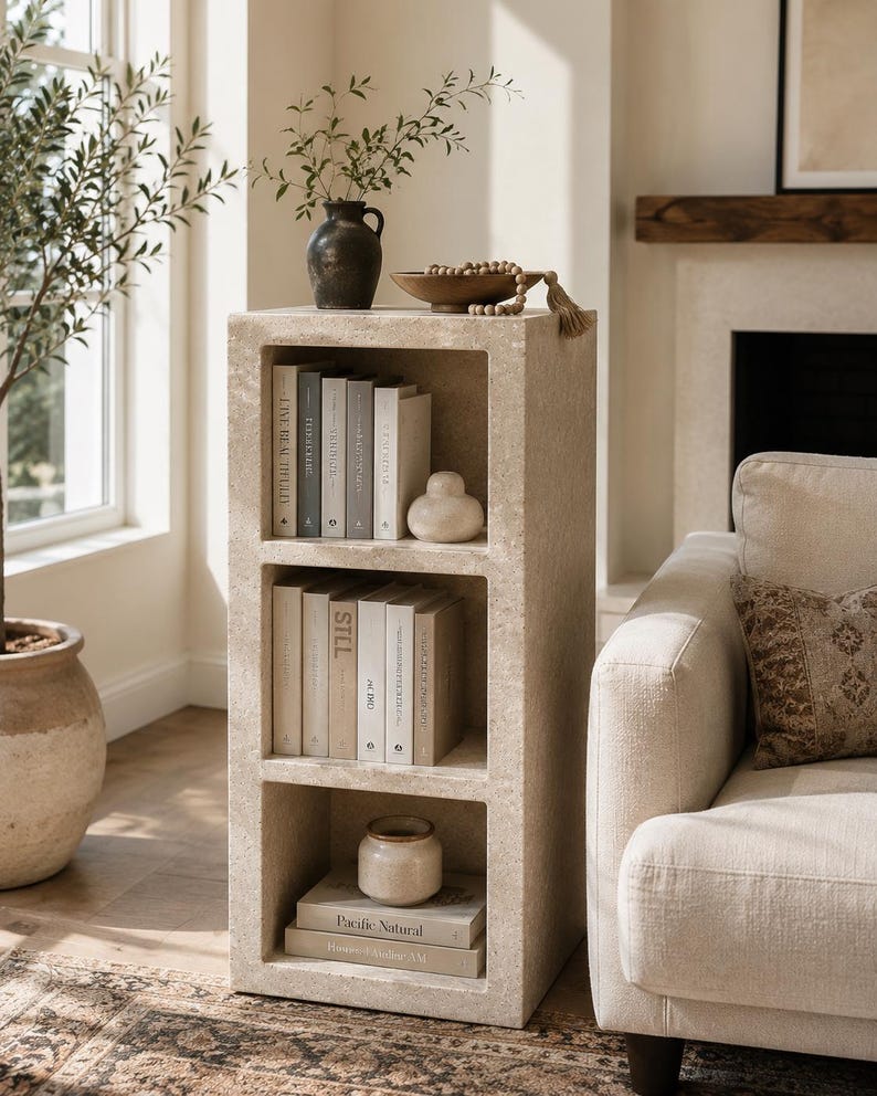 Pu&ograve; includere: Una libreria rettangolare in pietra beige con tre ripiani aperti. Il ripiano superiore contiene un vaso scuro, una ciotola di legno con perline e libri. Il ripiano centrale contiene diversi libri e un piccolo oggetto in ceramica. Il ripiano inferiore contiene un vaso in ceramica e libri.