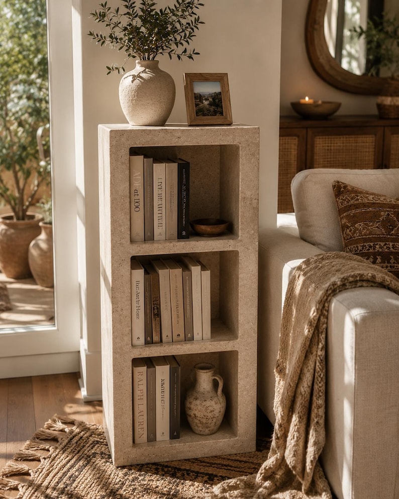 Pu&ograve; includere: Una libreria rettangolare in pietra beige chiaro con tre scomparti aperti. I ripiani contengono vari libri con dorsi di colori neutri, una piccola ciotola scura e un vaso in ceramica testurizzato. La struttura presenta una finitura in pietra naturale porosa.