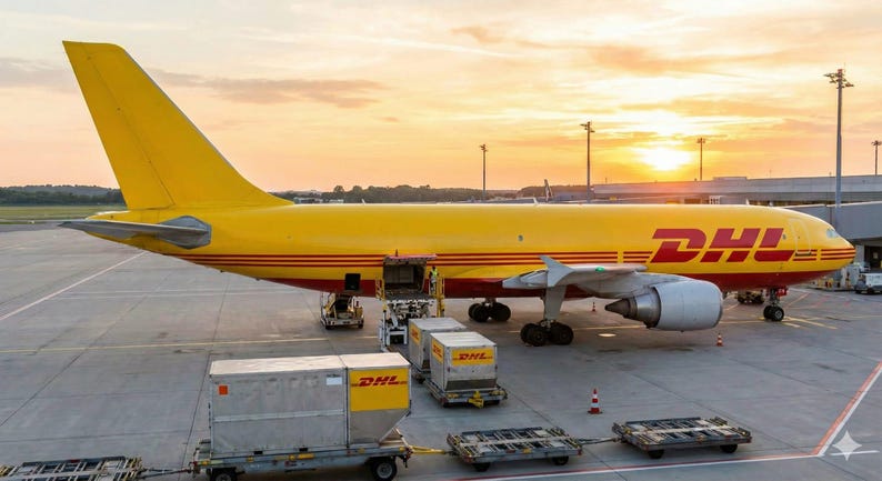 Puede incluir: Un avi&oacute;n de carga amarillo brillante con la marca DHL en rojo en el fuselaje y la cola, estacionado en la pista de un aeropuerto durante el atardecer. Varios contenedores de carga met&aacute;licos con logos DHL est&aacute;n cerca de la bodega abierta.
