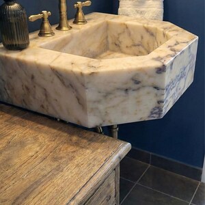 Pentagon Calacatta Gold Marble Sink, Wall Mounted Natural Stone Bathroom Vanity Basin image 2
