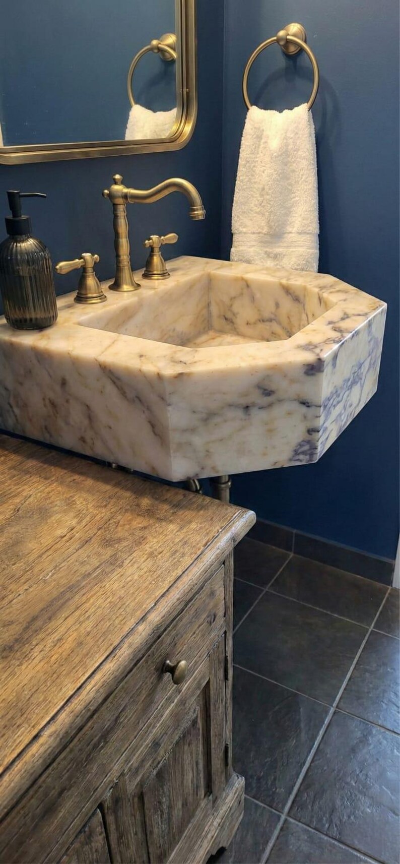 Pentagon Calacatta Gold Marble Sink, Wall Mounted Natural Stone Bathroom Vanity Basin image 2
