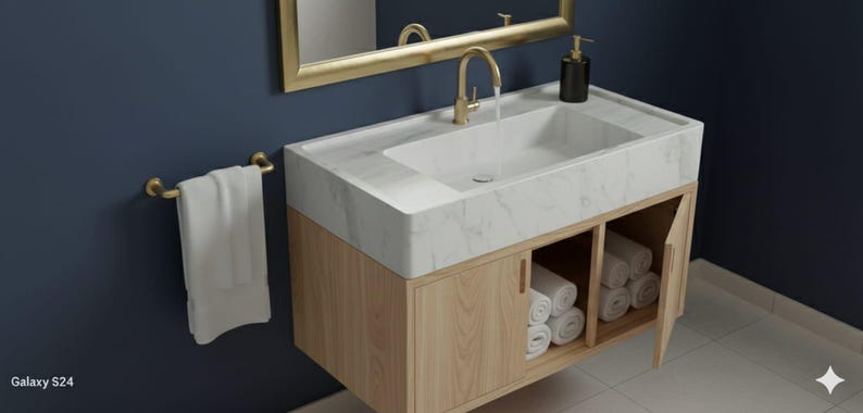 May include: A modern bathroom vanity with a white marble countertop and a light wood cabinet. The vanity has a built-in sink with a gold faucet, a gold-framed mirror, and a towel rack. Rolled white towels are stored in the open cabinet.