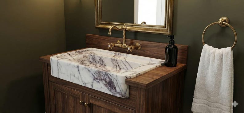 May include: A bathroom vanity with a marble sink, wooden cabinet, and gold fixtures. The sink has a white and purple pattern. A black soap dispenser and a white towel on a gold ring complete the scene.