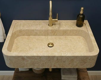 Travertine Marble Wall Mounted Bathroom Sink – Custom Handcarved Stone Washbasin