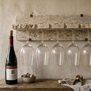 May include: A wall-mounted wine glass rack made of beige, porous travertine stone with five slots for hanging stemware. The rack features a rectangular backplate and a protruding shelf. Five clear glass wine glasses hang upside down from the rack.