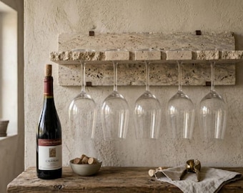 Travertine Wine Glass Rack, Wall Mounted Natural Stone Stemware Holder, Home Bar Decor