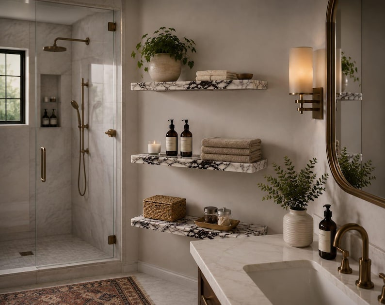 May include: Three floating shelves with a black and white marble pattern mounted on a wall. The shelves hold a potted plant, folded beige towels, two amber glass pump bottles, a candle, a woven basket, and small glass jars with metal lids.
