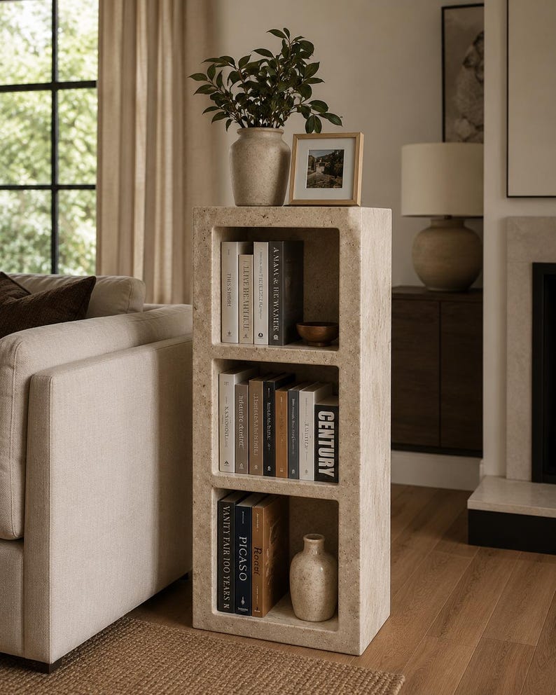 Pu&ograve; includere: Una libreria rettangolare in pietra travertino beige con tre ripiani aperti. Il ripiano superiore ospita una piccola pianta in un vaso, una cornice portafoto e dei libri. Il ripiano centrale contiene dei libri, quello inferiore libri e un vaso.