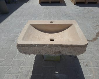 Hand Carved Split Face Travertine Sink – Rustic Wall Mounted Natural Stone Bathroom Basin