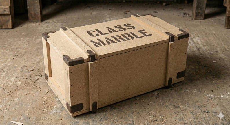 May include: A light brown wooden crate with the words "CLASS MARBLE" stencilled on the lid. The crate has dark brown corner reinforcements and is on a concrete surface. The crate is rectangular.