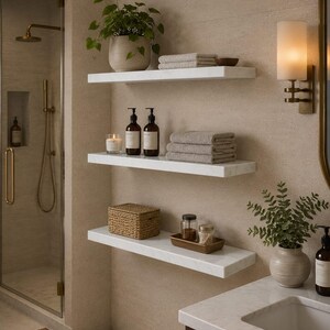 May include: Three white marble floating shelves mounted on a beige wall in a bathroom. The shelves hold a potted green plant, folded beige towels, two amber glass pump bottles, a candle, a woven basket, and a small tray with glass jars.