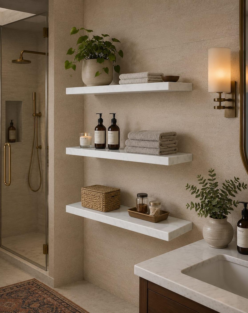 May include: Three white marble floating shelves mounted on a beige wall in a bathroom. The shelves hold a potted green plant, folded beige towels, two amber glass pump bottles, a candle, a woven basket, and a small tray with glass jars.