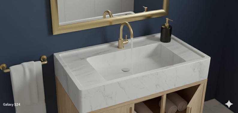 May include: A modern bathroom vanity with a white marble countertop and a rectangular sink. The faucet and mirror frame are gold. A black soap dispenser sits on the counter. A white towel hangs on a gold towel rack. The vanity is made of light wood.