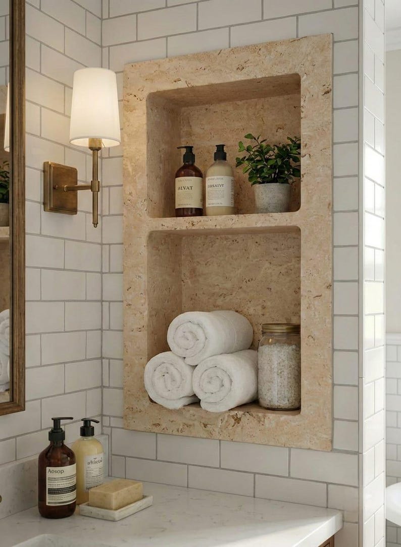 May include: A built-in bathroom shelf with two levels, holding rolled white towels, glass jars, and bottles of soap and lotion. A small potted plant adds a touch of greenery. The shelf is made of a light-colored stone and is set into a white tiled wall.