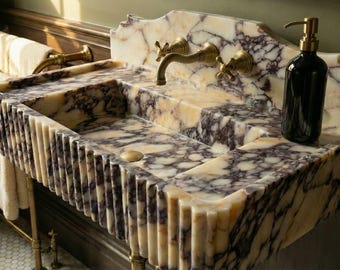 Handcrafted Calacatta Viola Marble Wall Mounted Sink, Luxury Backsplash Bathroom Vanity Basin
