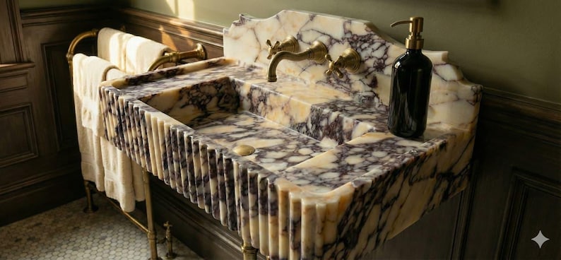 Pu&ograve; includere: Un lussuoso lavabo da bagno in marmo dal design unico. Il lavabo presenta una superficie a motivi con sfumature di bianco, beige e viola. Ha un rubinetto dorato e un dosatore di sapone nero. A sinistra c'&egrave; un portasciugamani dorato con asciugamani bianchi.